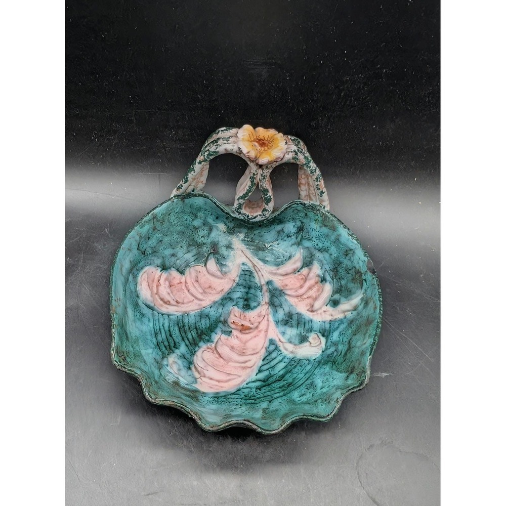 Vintage Italy Hand Painted‎ Ceramic Floral Handle Turquoise Pink Scalloped Bowl